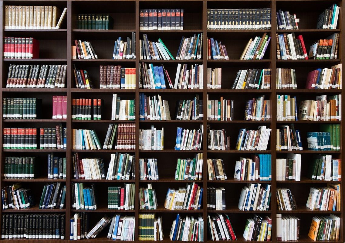 Front view of bookshelf with assorted books